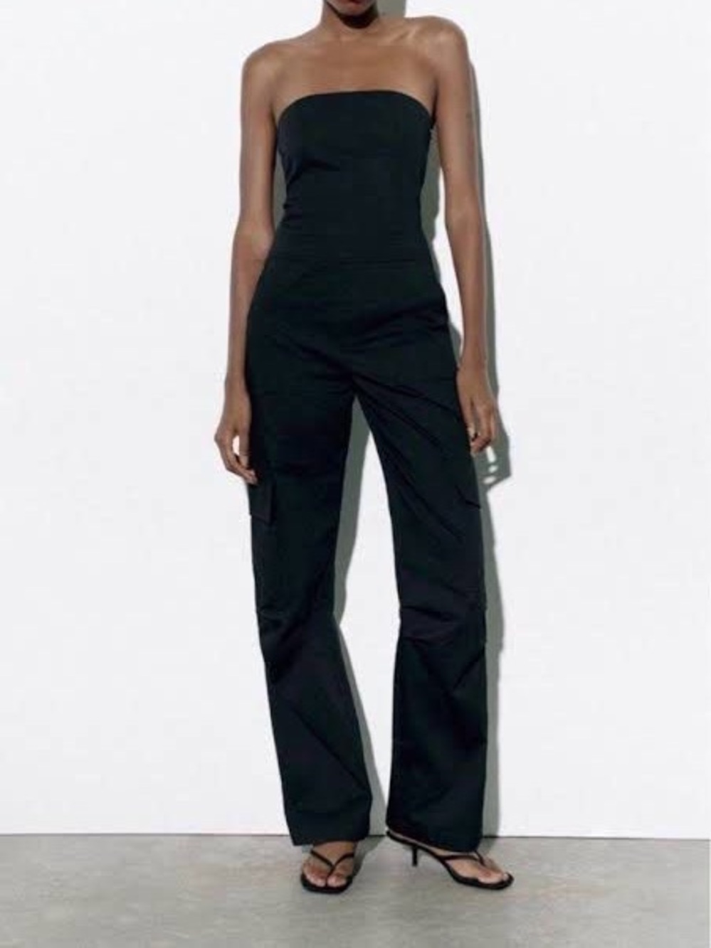 Zara Black Strapless Cargo Pockets Wide Leg Jumpsuit Sz S